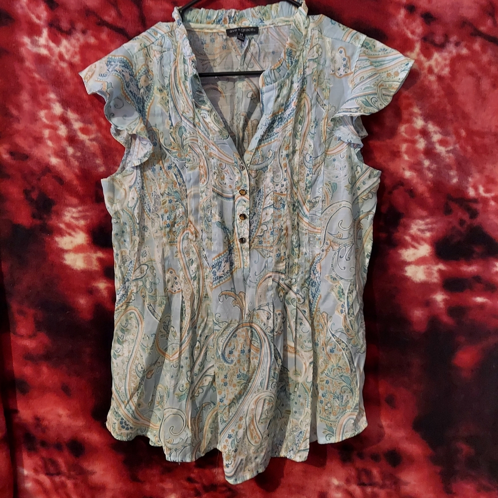 Elegant Paisley Ruffle Sleeve Blouse - Blue and Cream